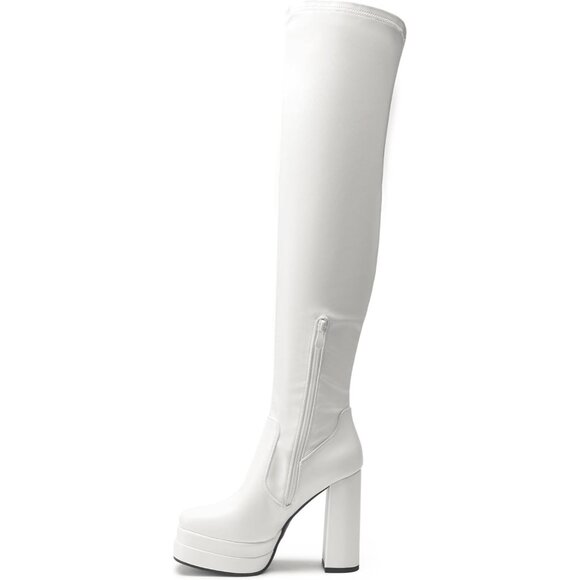 Women's White Polyurethane (PU) Square Toe Over The Knee Thigh High Long Boots - Picture 3 of 6